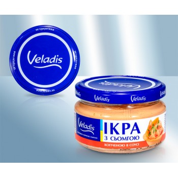 Икра мойвы в салатном соусе с кусочками копченого лосося, 160g